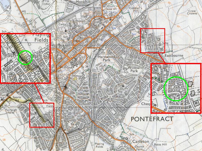 Map of Pontefract showing Locations of closed footpaths