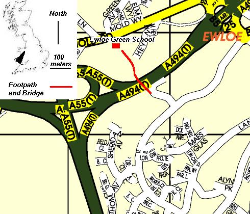 Map Showing Ewloe Green School and Footpath and Bridge